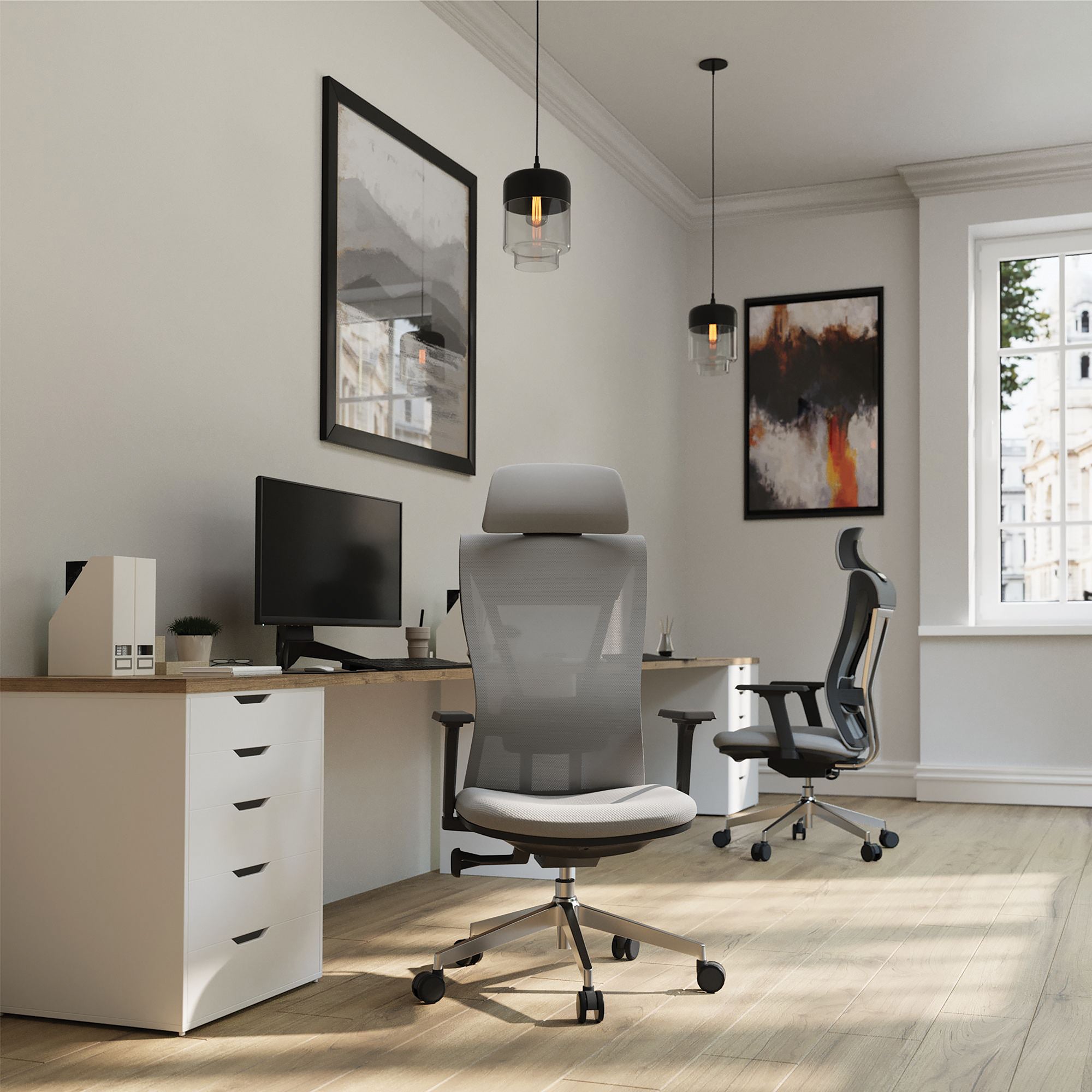 Modern office setup with a desk, chairs, and decor.