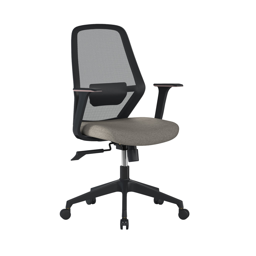 Grey office chair with black mesh backrest on a white background