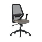 Grey office chair with black mesh backrest on a white background