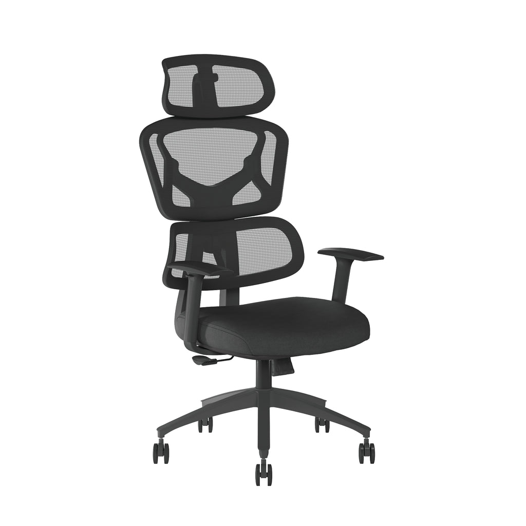 Black office chair with mesh back and seat on a white background