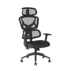 Black office chair with mesh back and seat on a white background