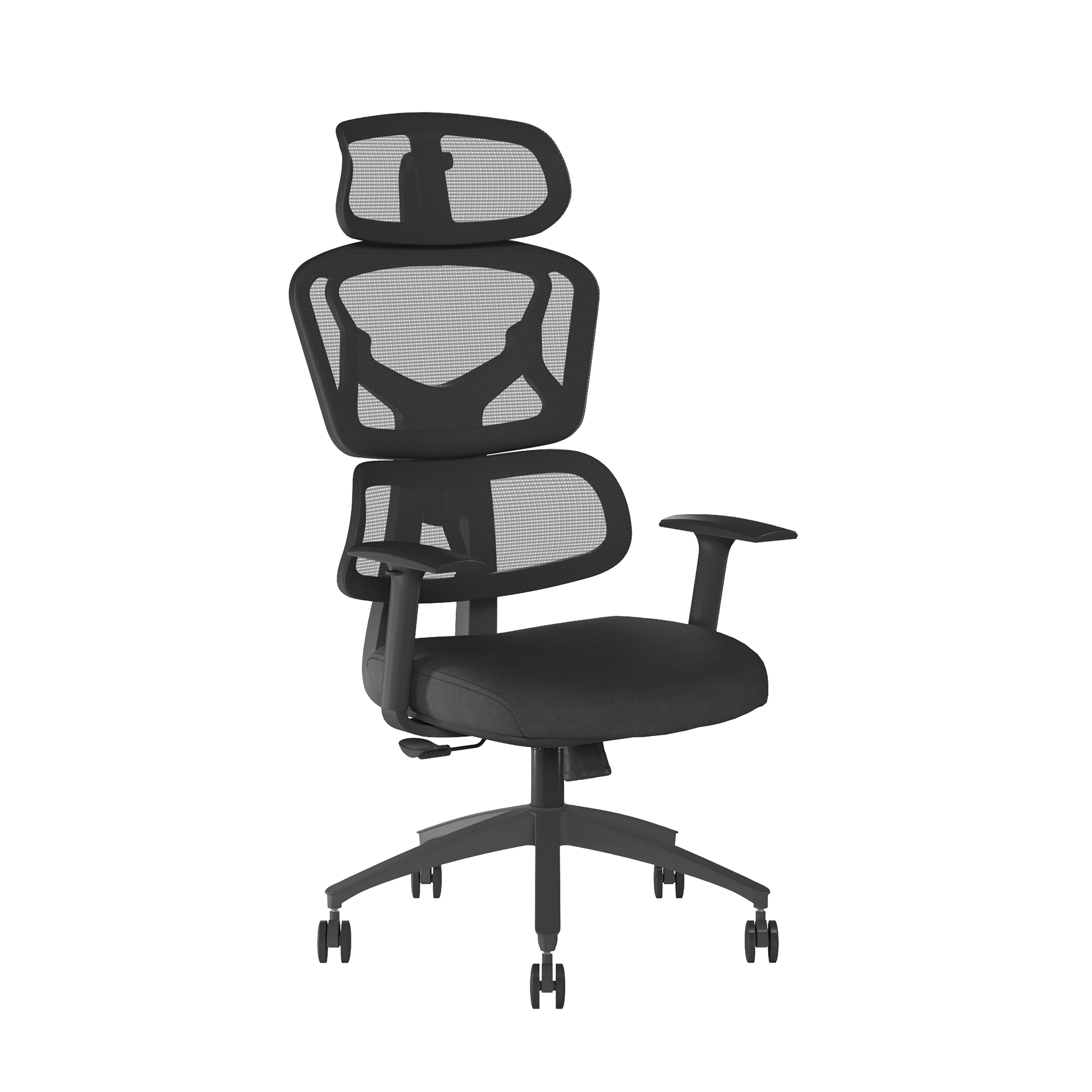 Black office chair with mesh back and seat on a white background
