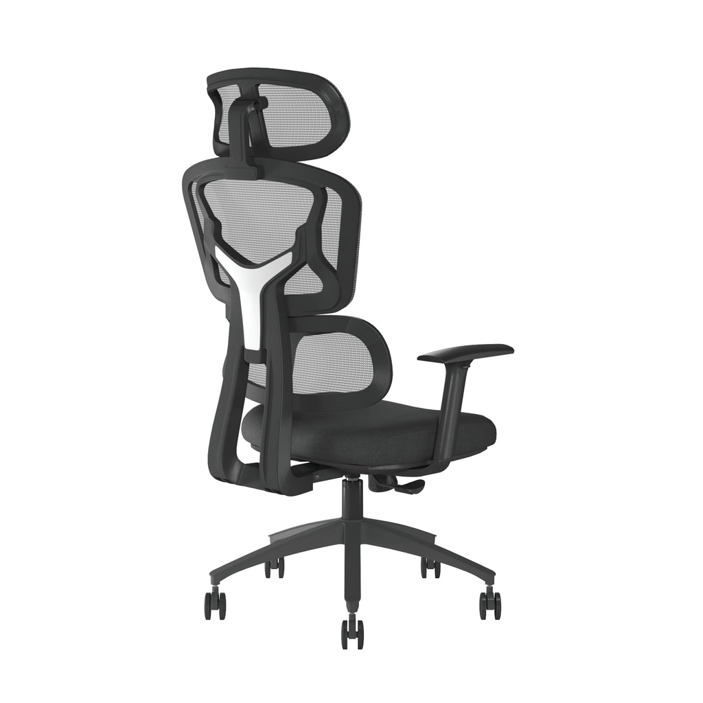 Black office chair with mesh back on a white background
