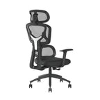 Black office chair with mesh back on a white background