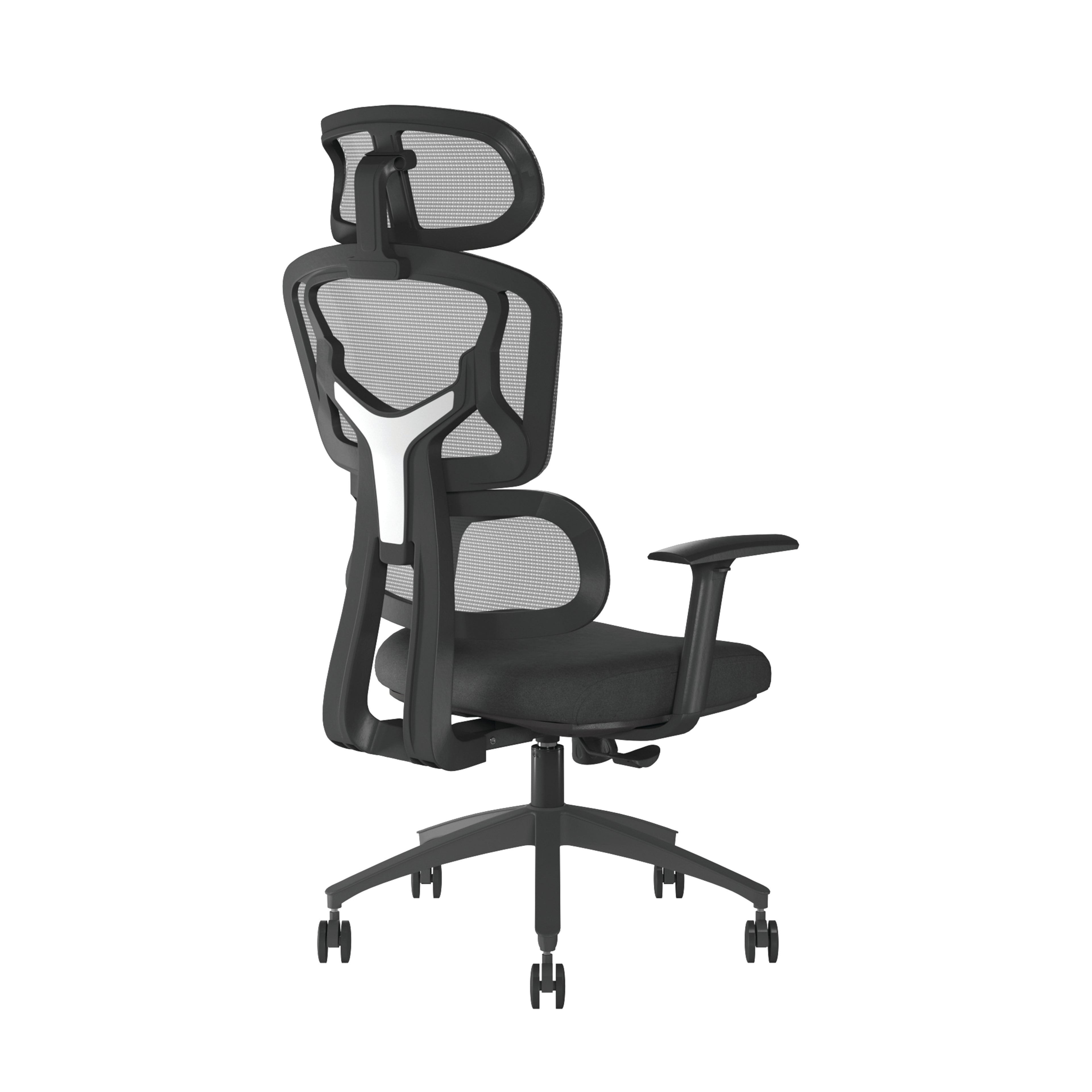 Black office chair with mesh back on a white background