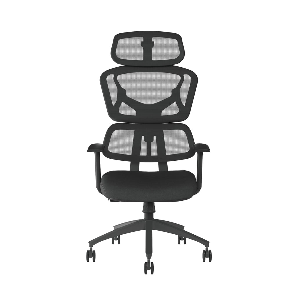 Black office chair with mesh backrest on a white background