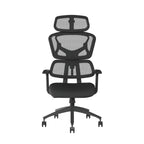 Black office chair with mesh backrest on a white background