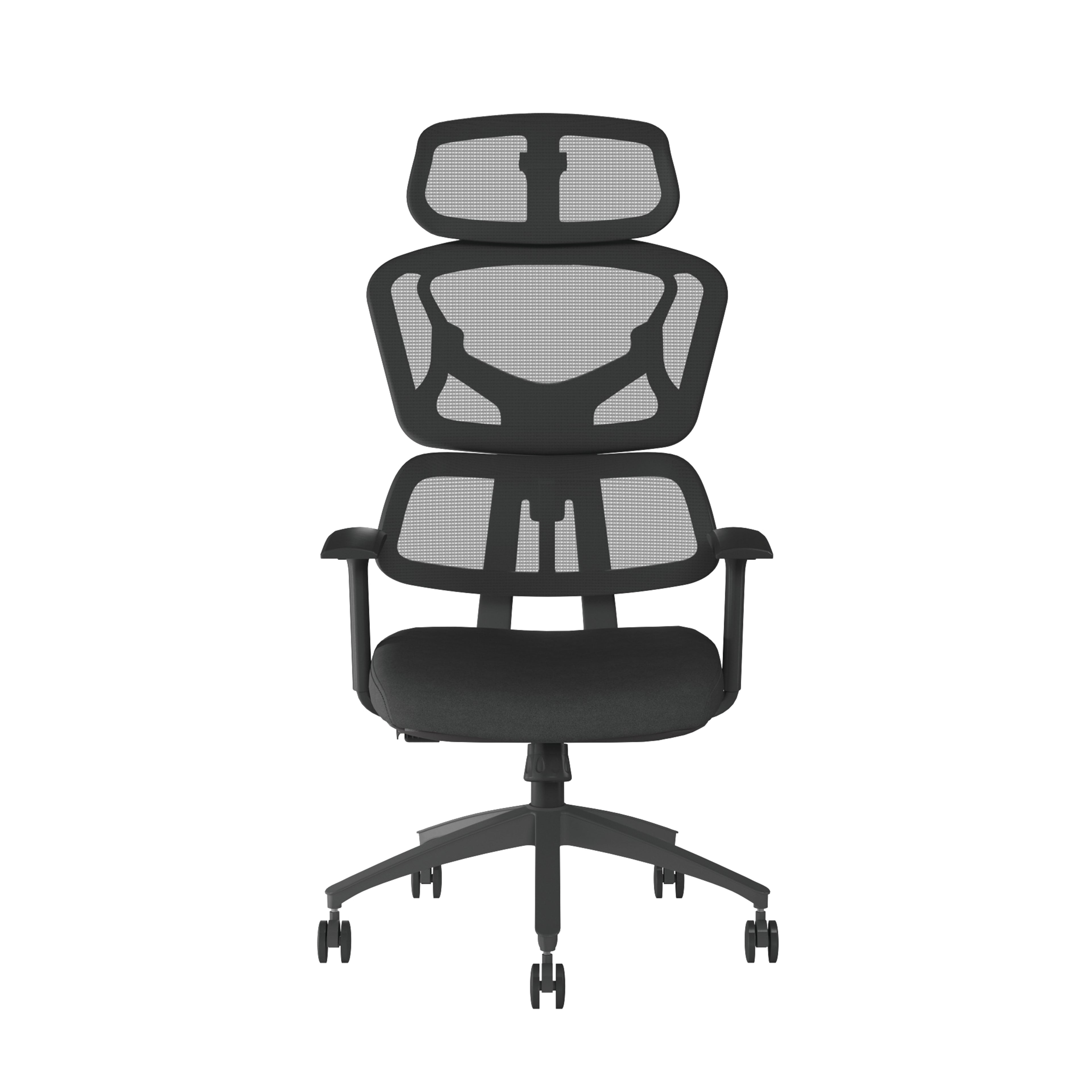 Black office chair with mesh backrest on a white background