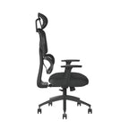 Black office chair with adjustable armrests on a white background
