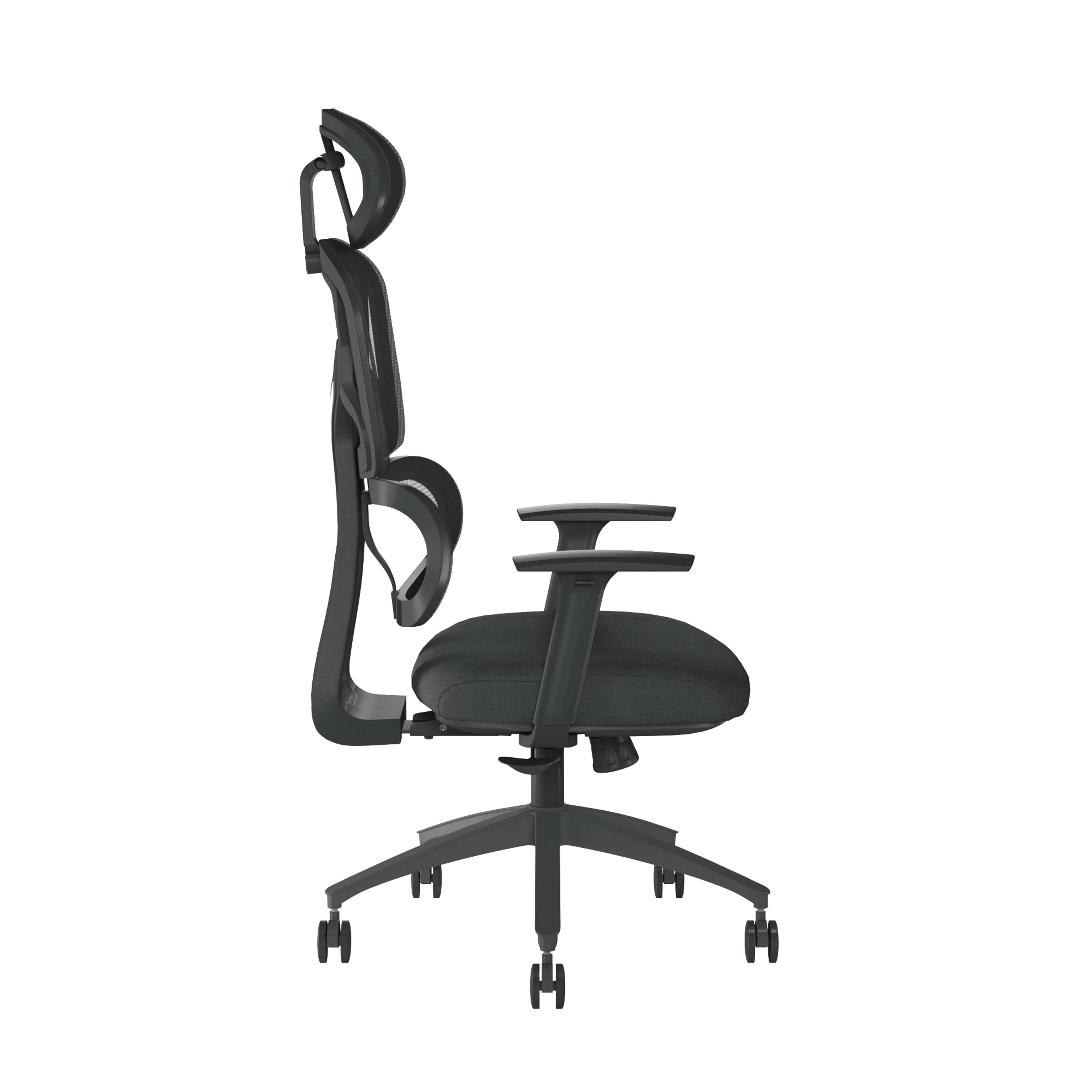 Black office chair with adjustable armrests on a white background