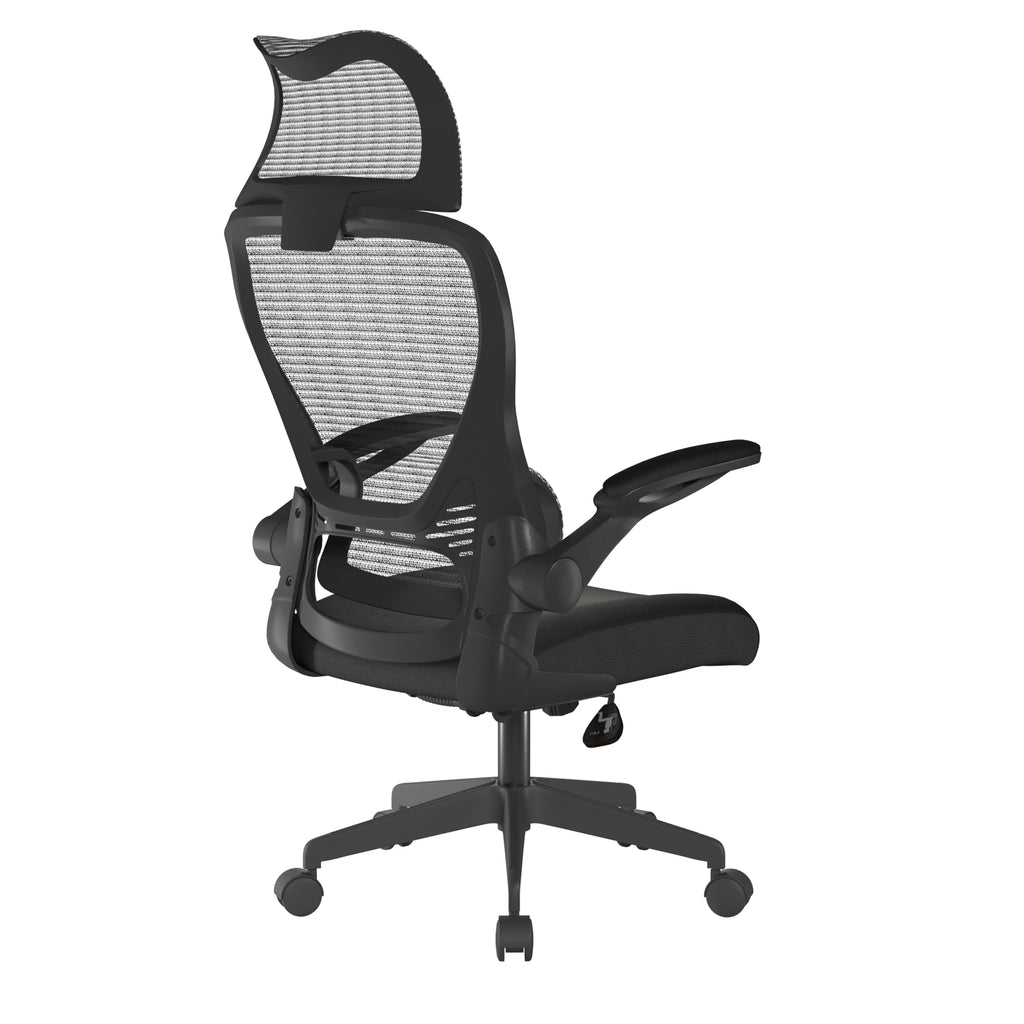 Black office chair with mesh back on a white background