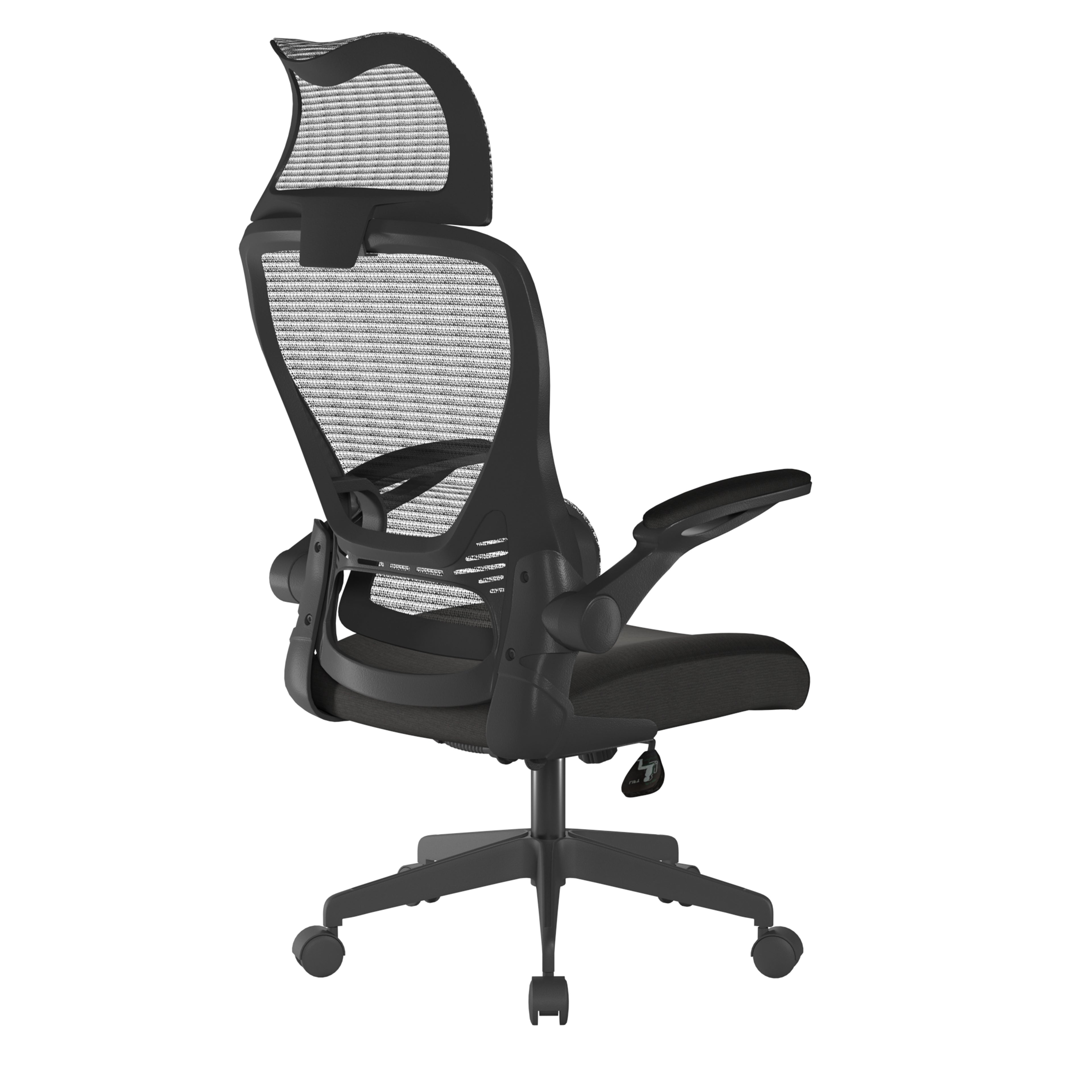 Black office chair with mesh back on a white background