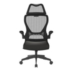 Black office chair with mesh back on a white background