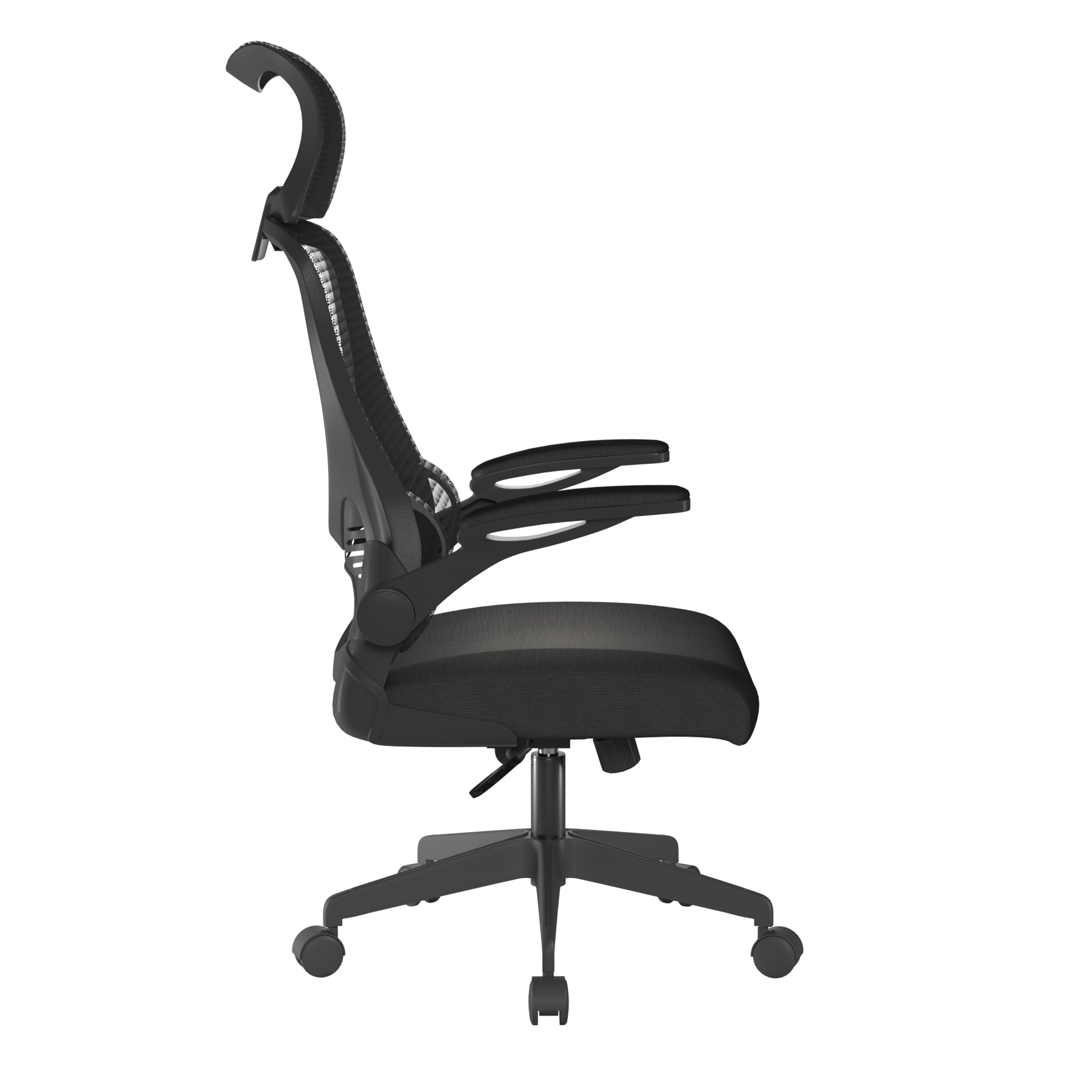 Black office chair with mesh back on a white background