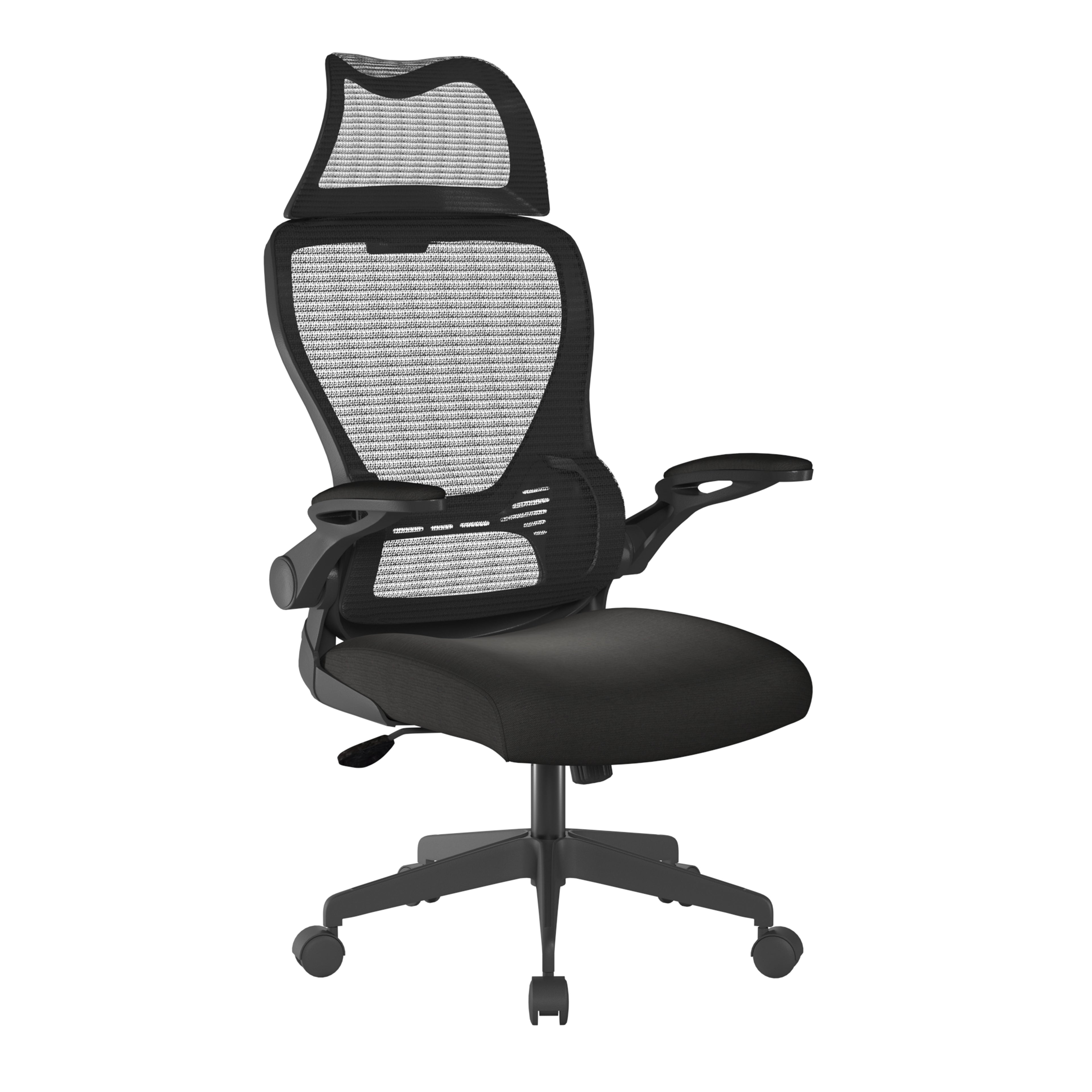 Black office chair with mesh back on a white background
