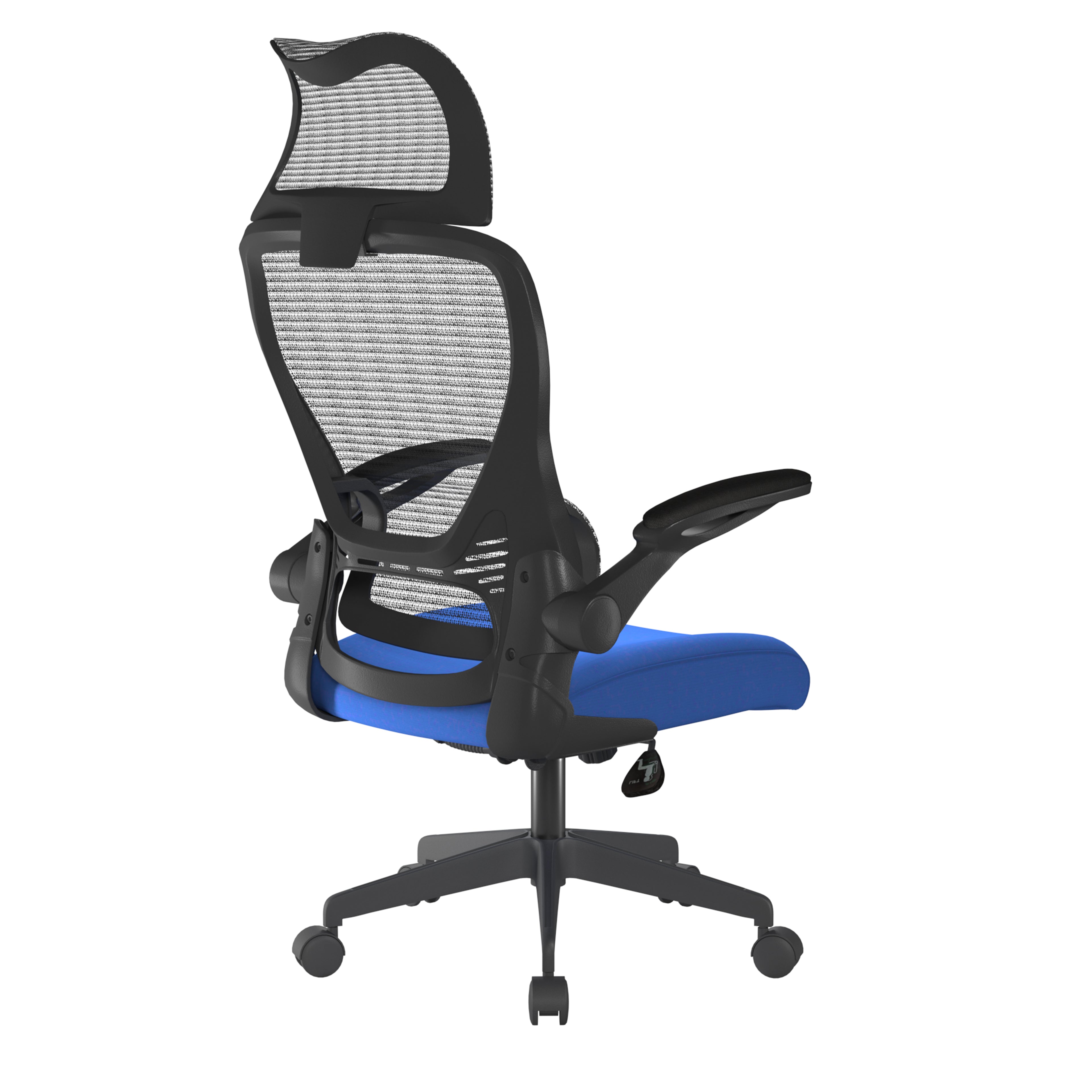 Ergonomic office chair with black mesh back and blue seat on a white background