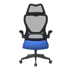 Blue office chair with black mesh back on a white background