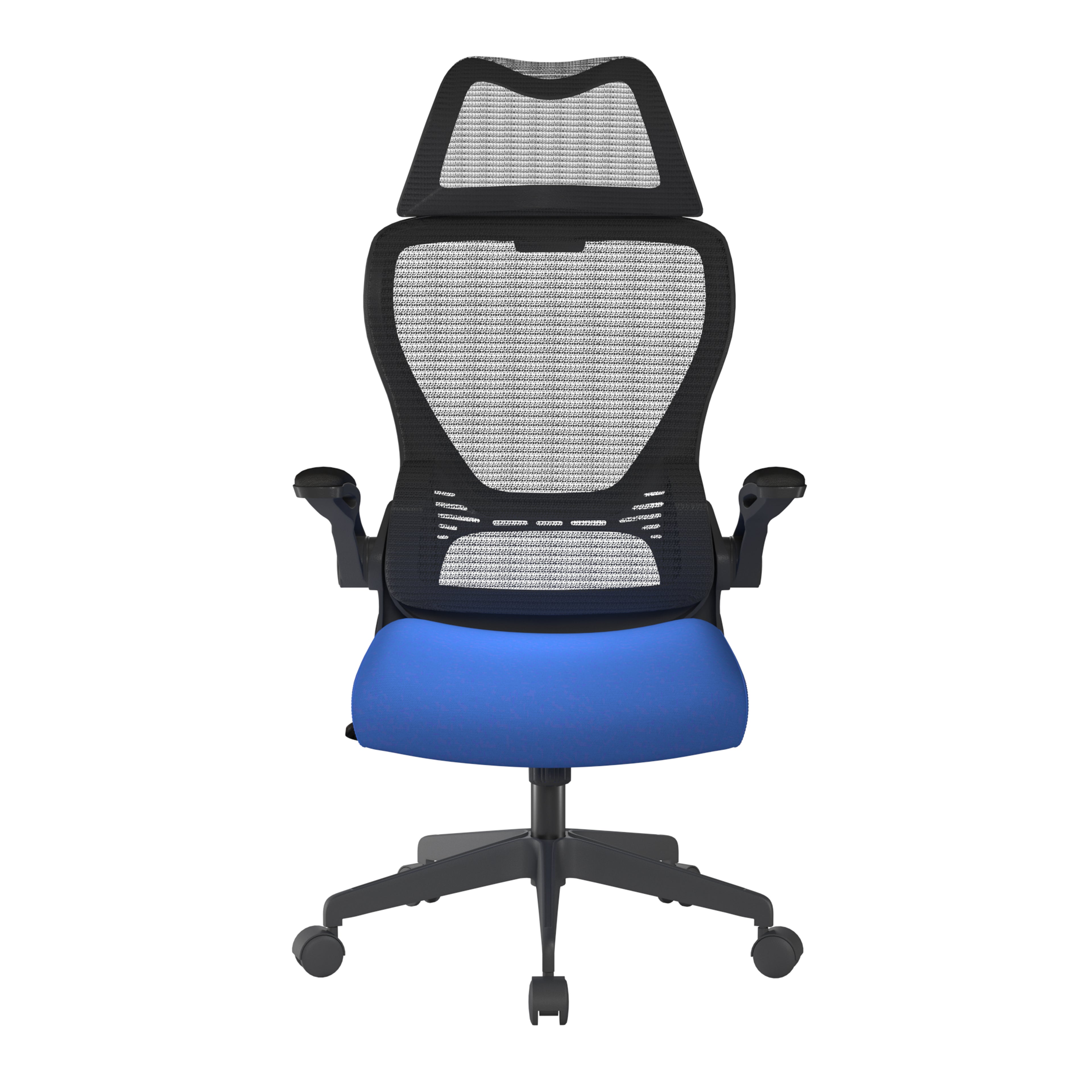 Blue office chair with black mesh back on a white background