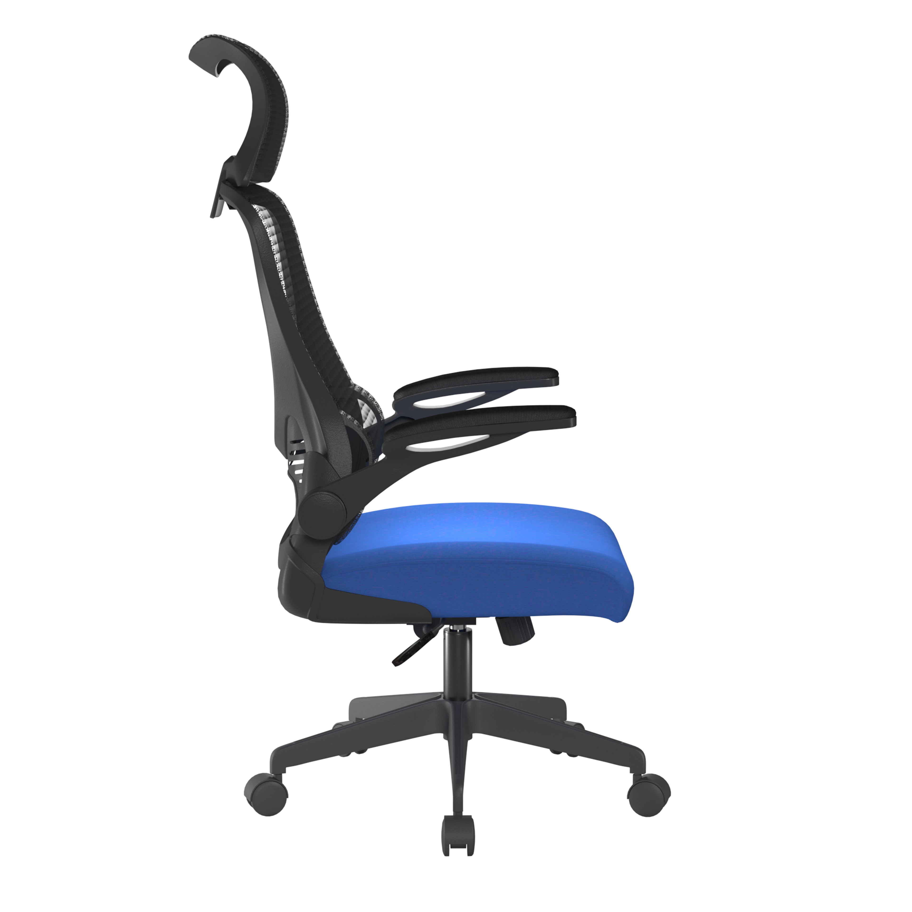 Blue office chair with black mesh back on a white background