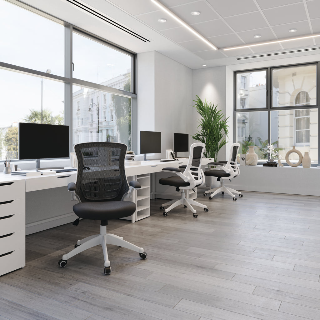 Modern office with desks, chairs, and large windows.