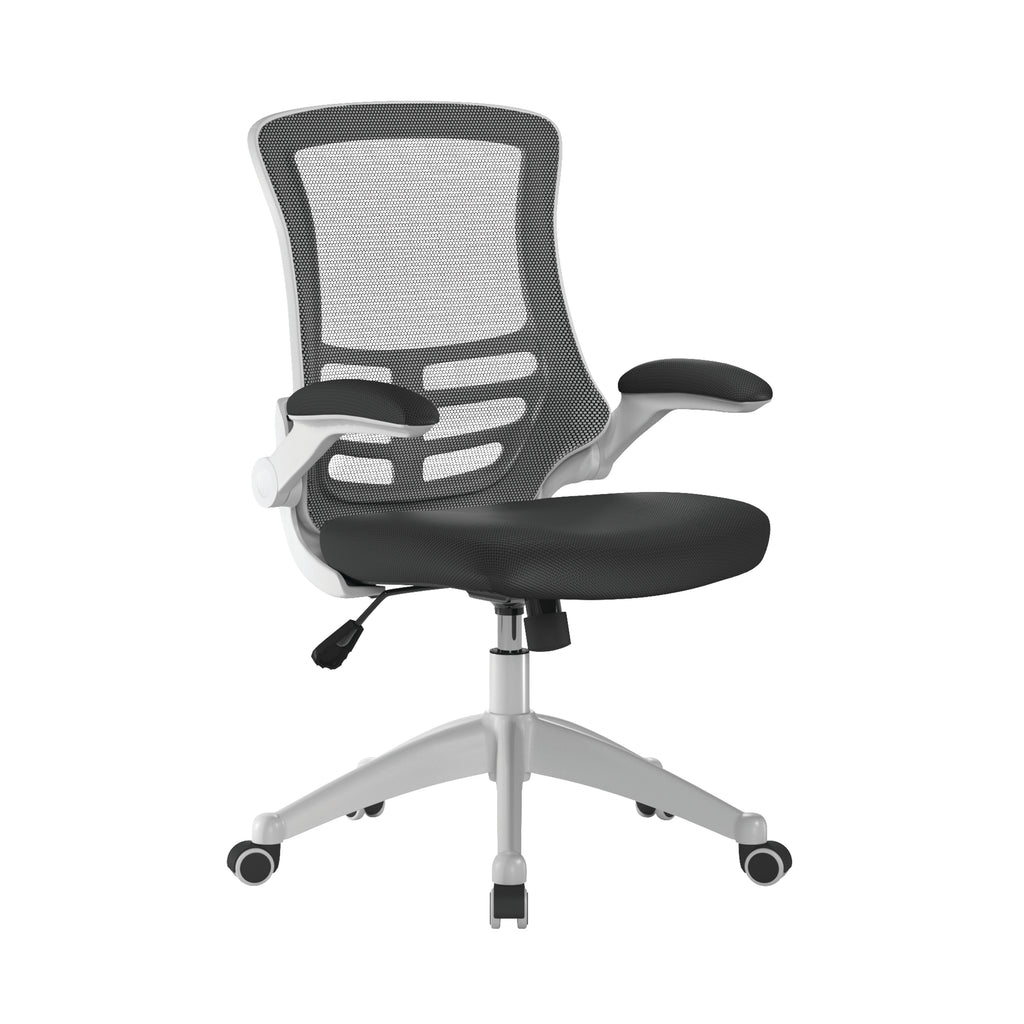 Black office chair with mesh back on a white background