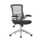 Black office chair with mesh back on a white background