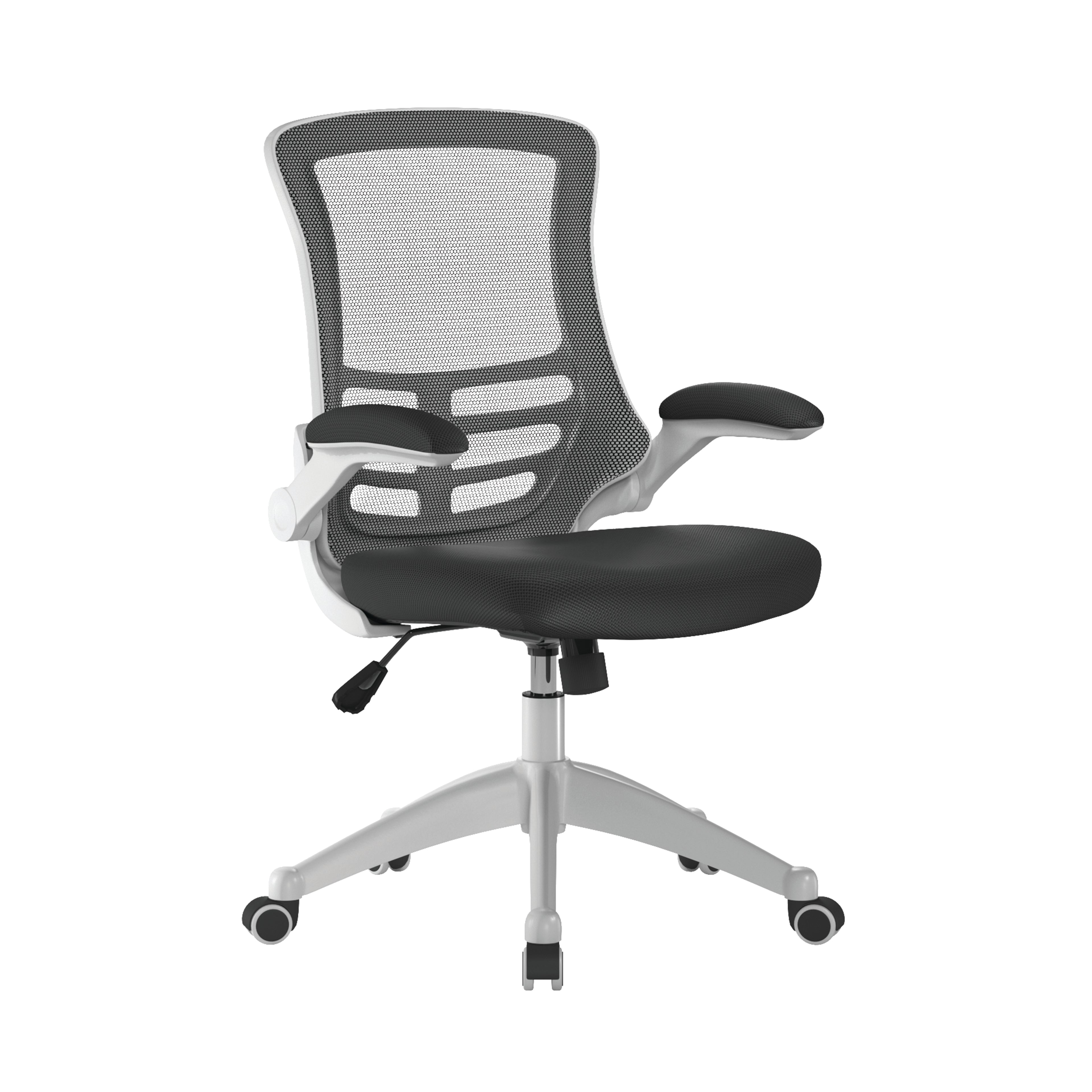 Black office chair with mesh back on a white background