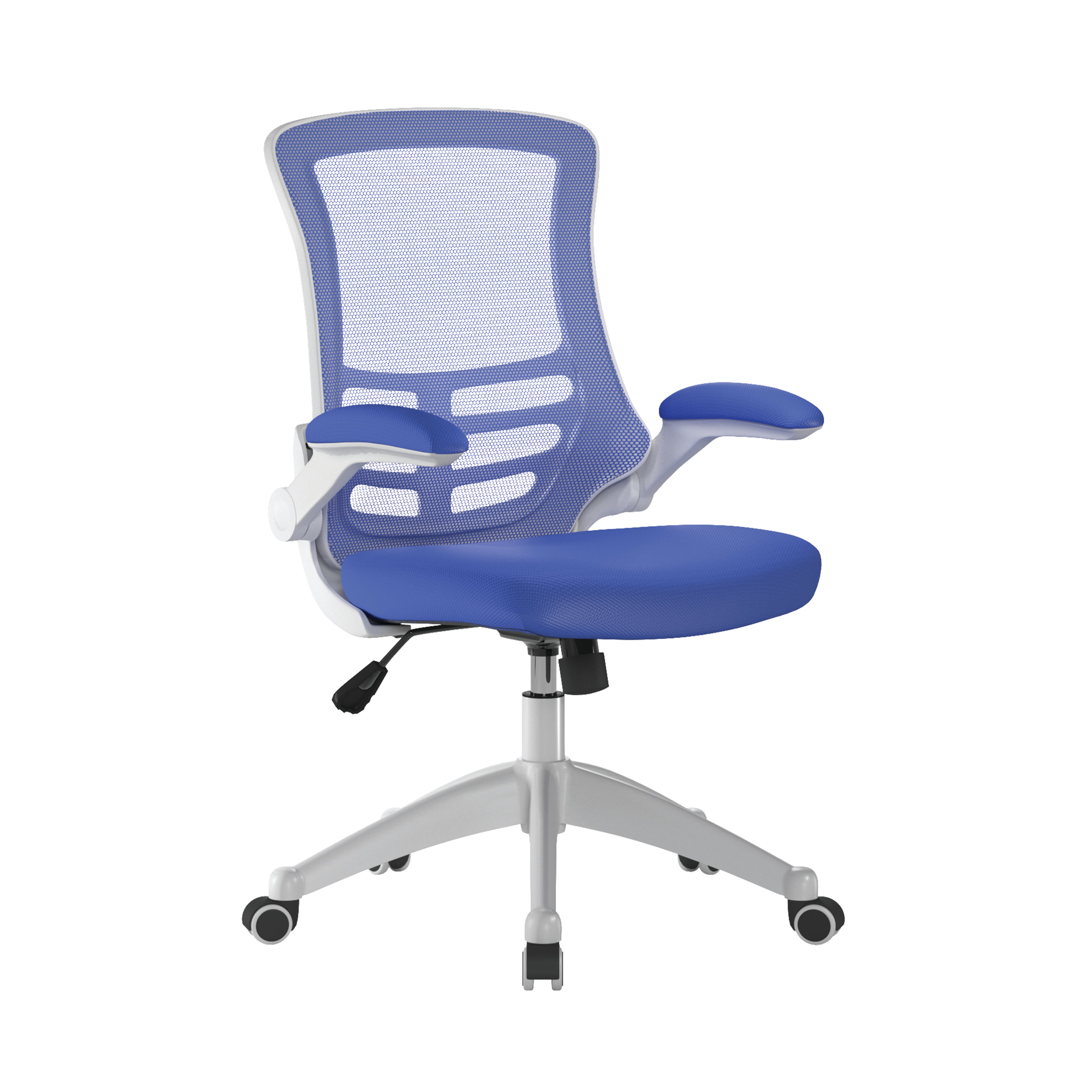 Blue office chair with mesh back on a white background