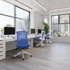 Modern office with blue chairs and white desks