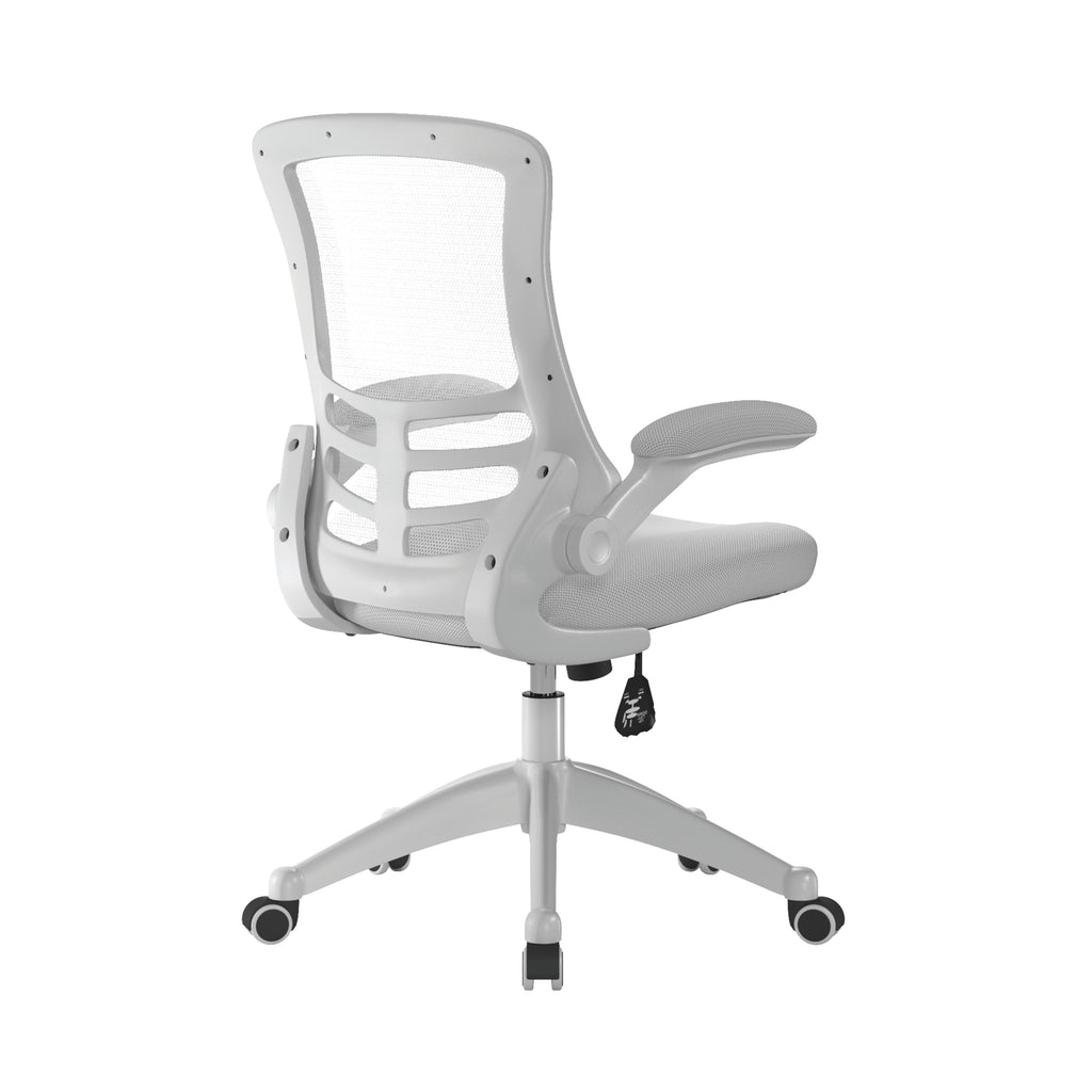 Grey office chair with mesh back on a white background
