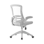 Grey office chair with mesh back on a white background
