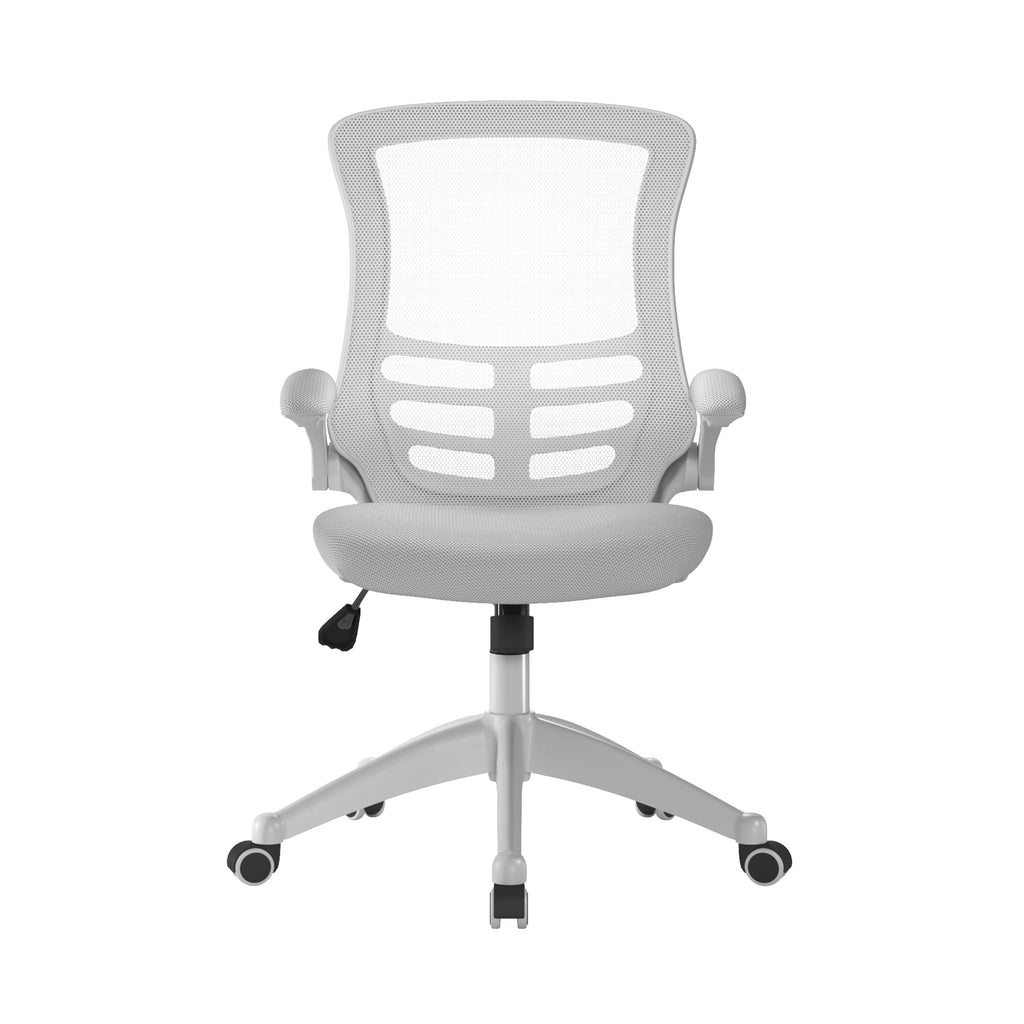 Grey office chair with mesh back on a white background
