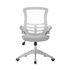 Grey office chair with mesh back on a white background