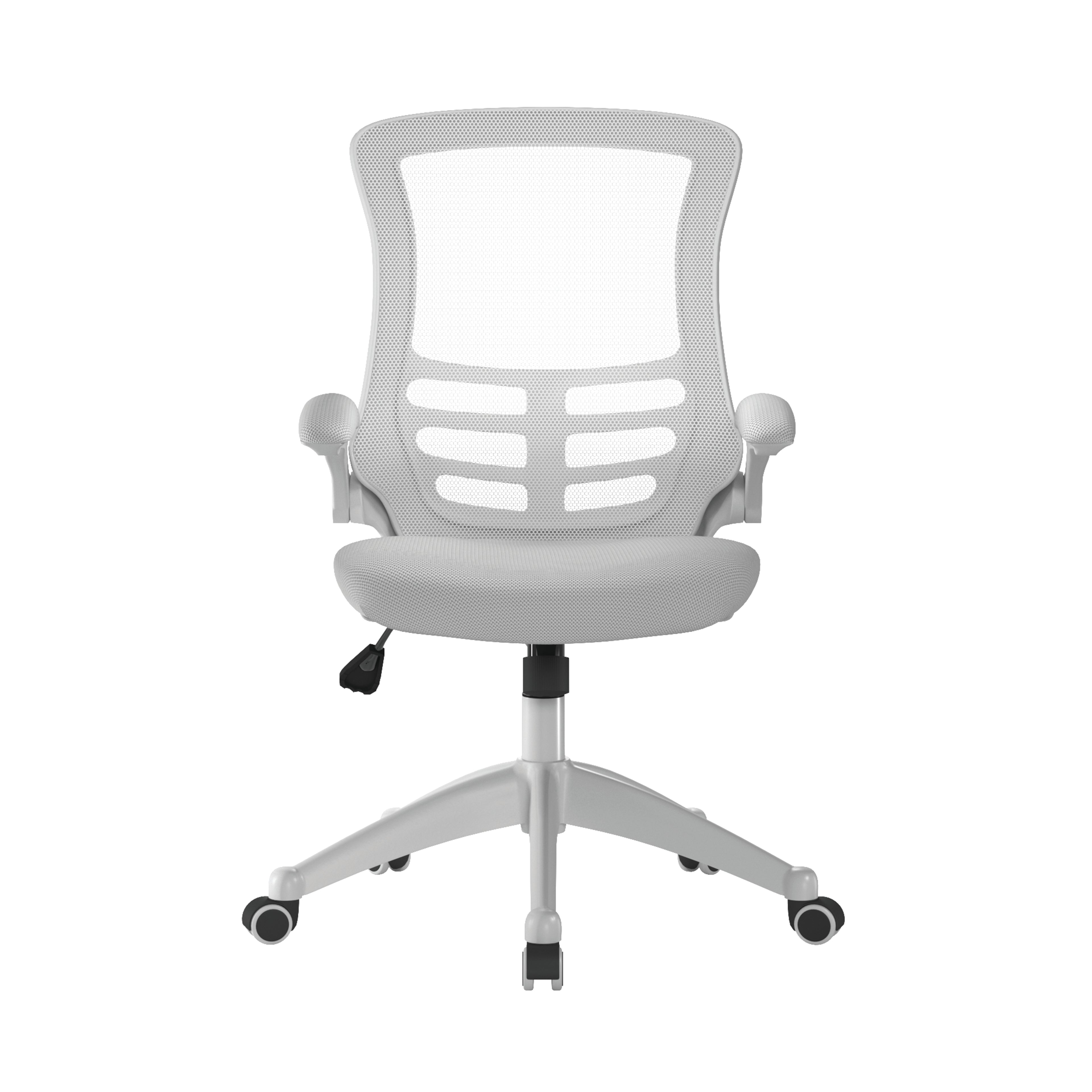Grey office chair with mesh back on a white background