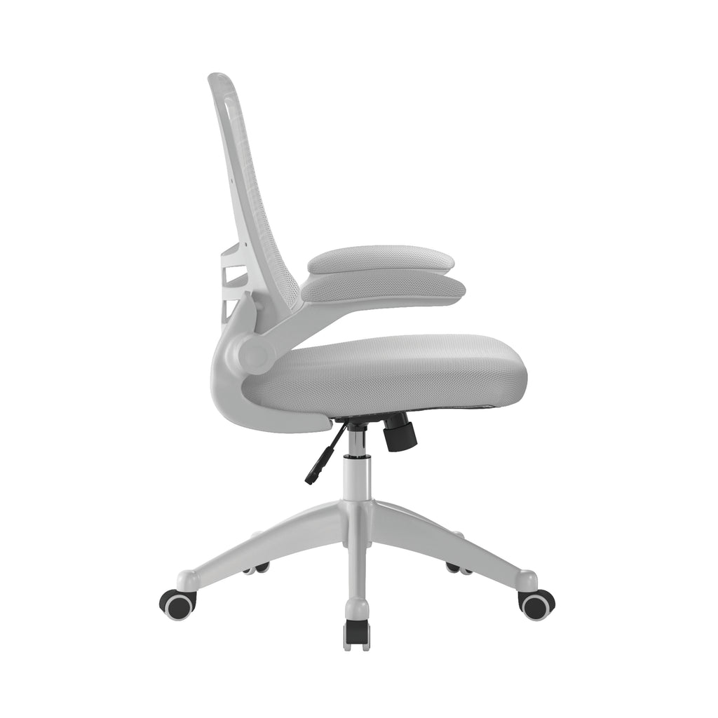 Grey office chair with mesh back on a white background