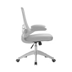 Grey office chair with mesh back on a white background
