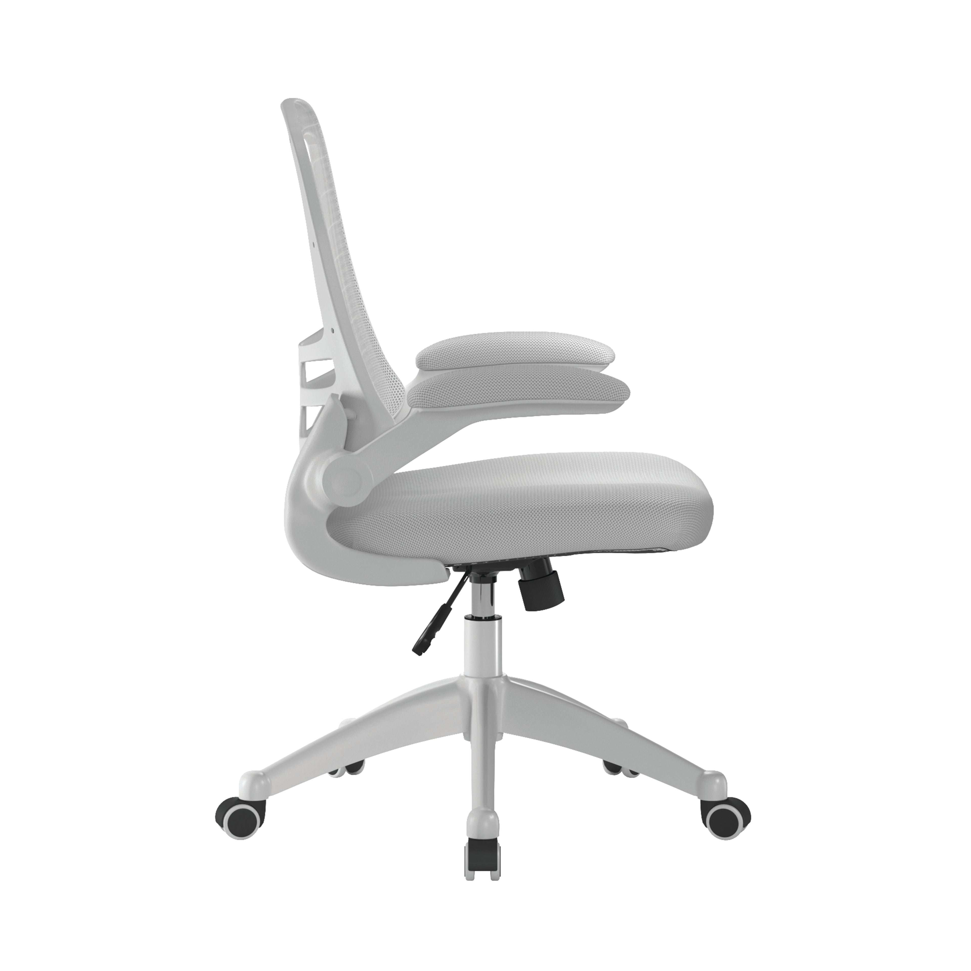 Grey office chair with mesh back on a white background