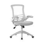 Grey office chair with mesh back on a white background