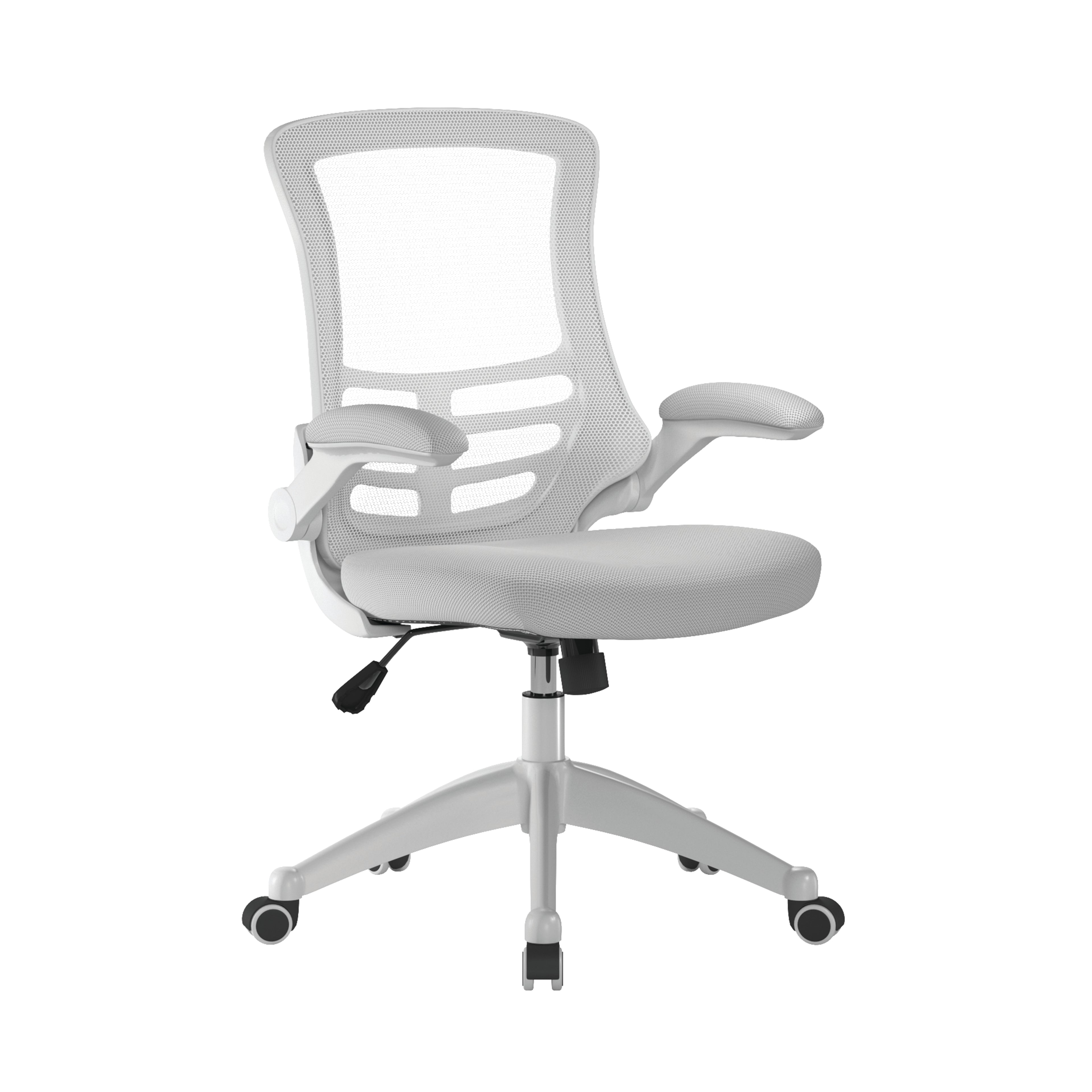 Grey office chair with mesh back on a white background
