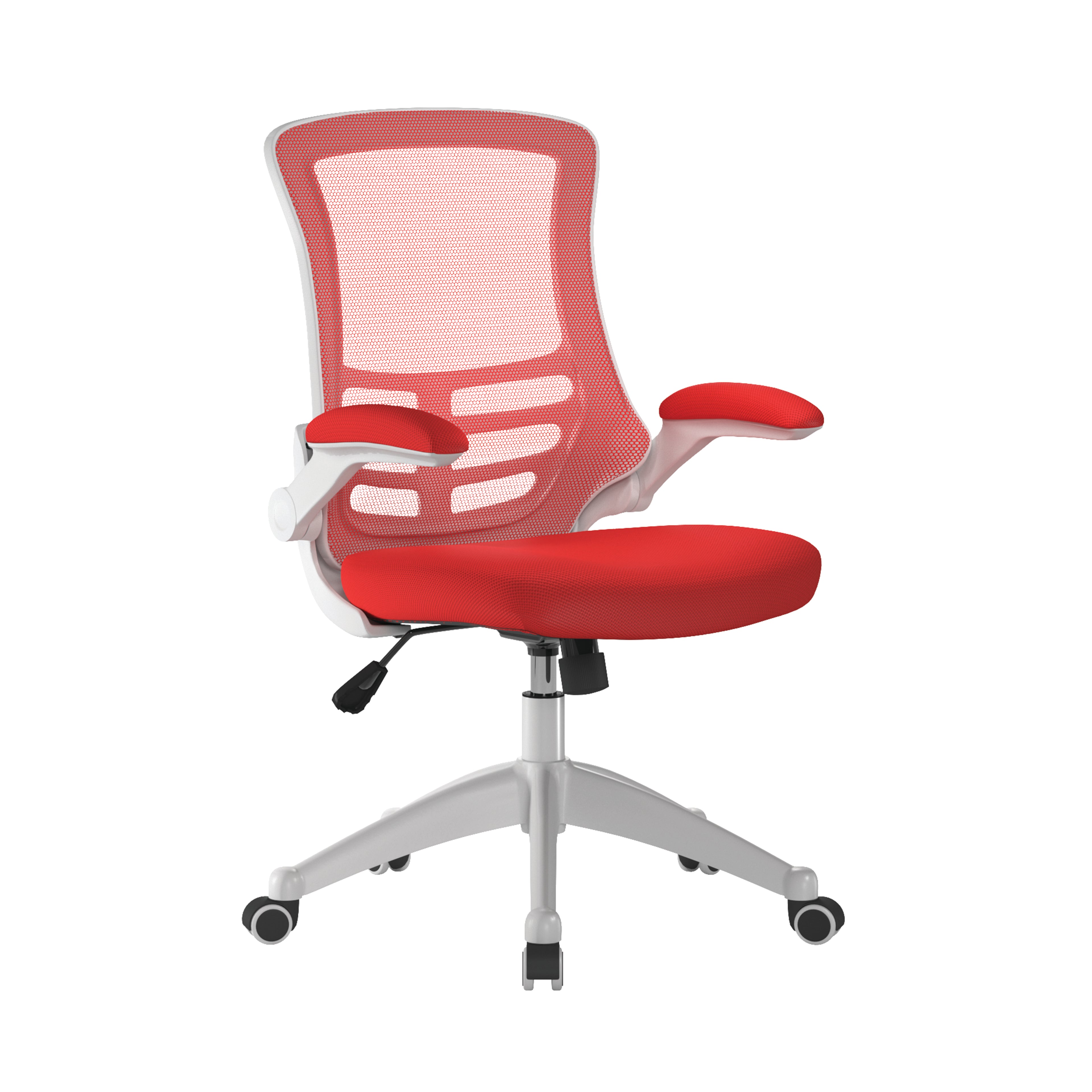 Red office chair with mesh back on a white background