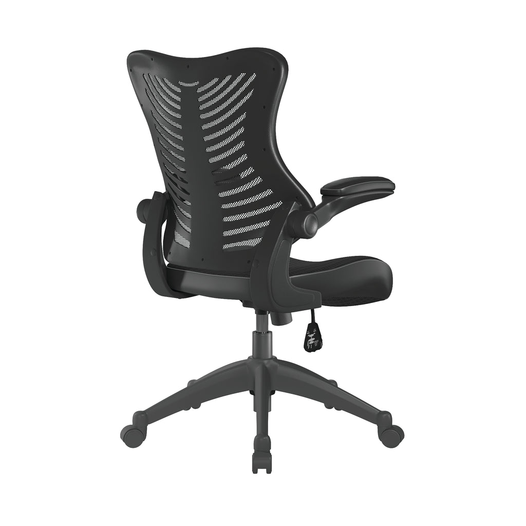 Black office chair with mesh back on a white background