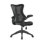 Black office chair with mesh back on a white background