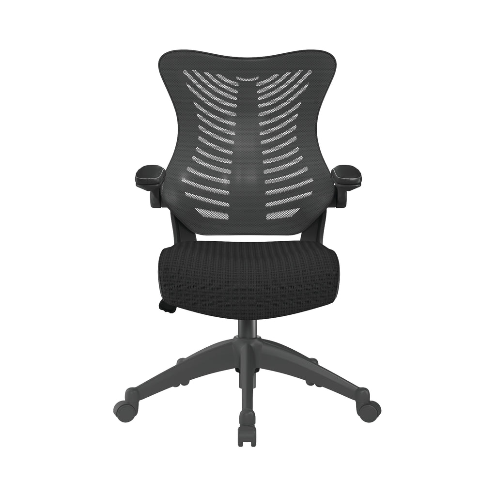 Black office chair with mesh back on a white background