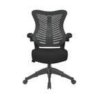 Black office chair with mesh back on a white background