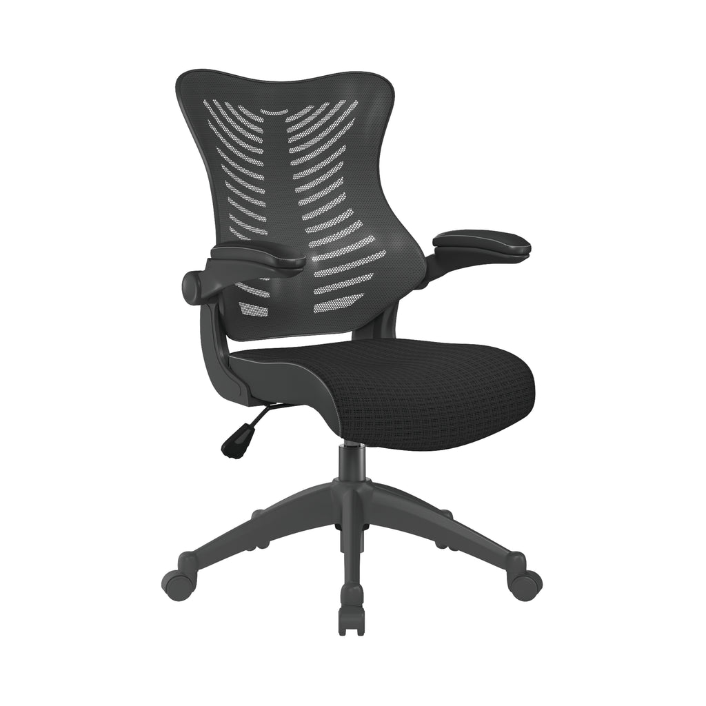 Black office chair with mesh back on a white background