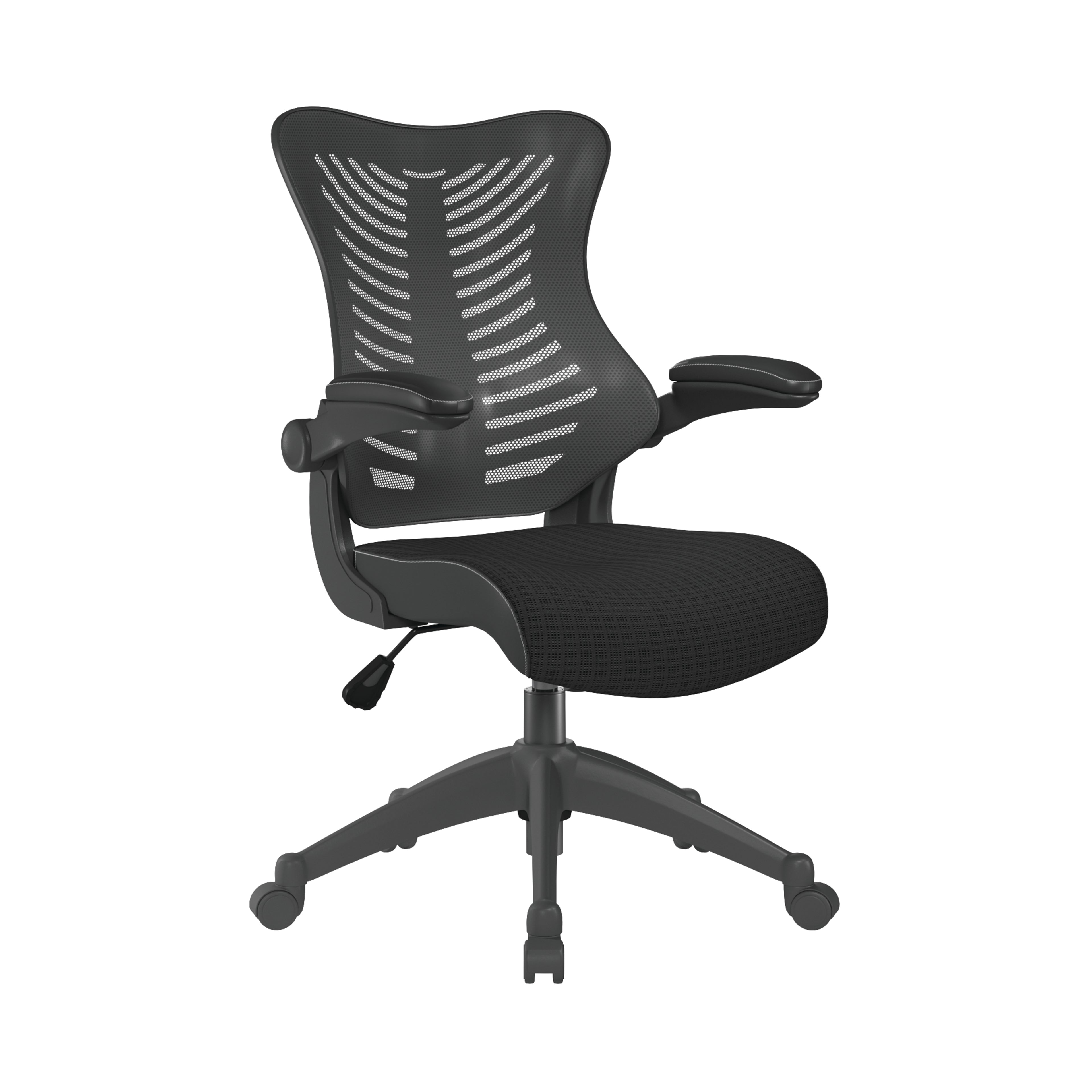 Black office chair with mesh back on a white background