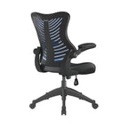 Black office chair with blue mesh back on a white background