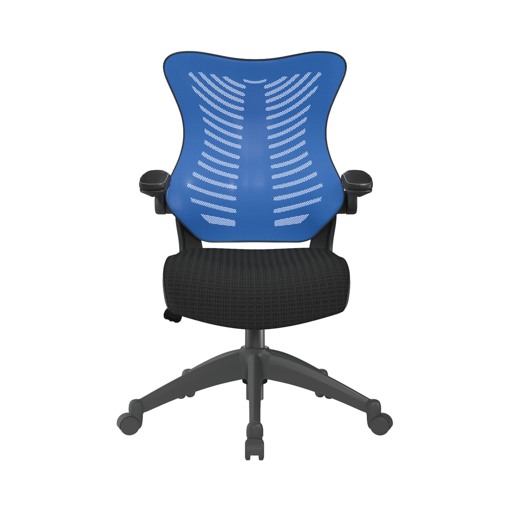 Black office chair with blue mesh back on a white background