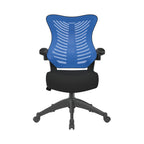 Black office chair with blue mesh back on a white background