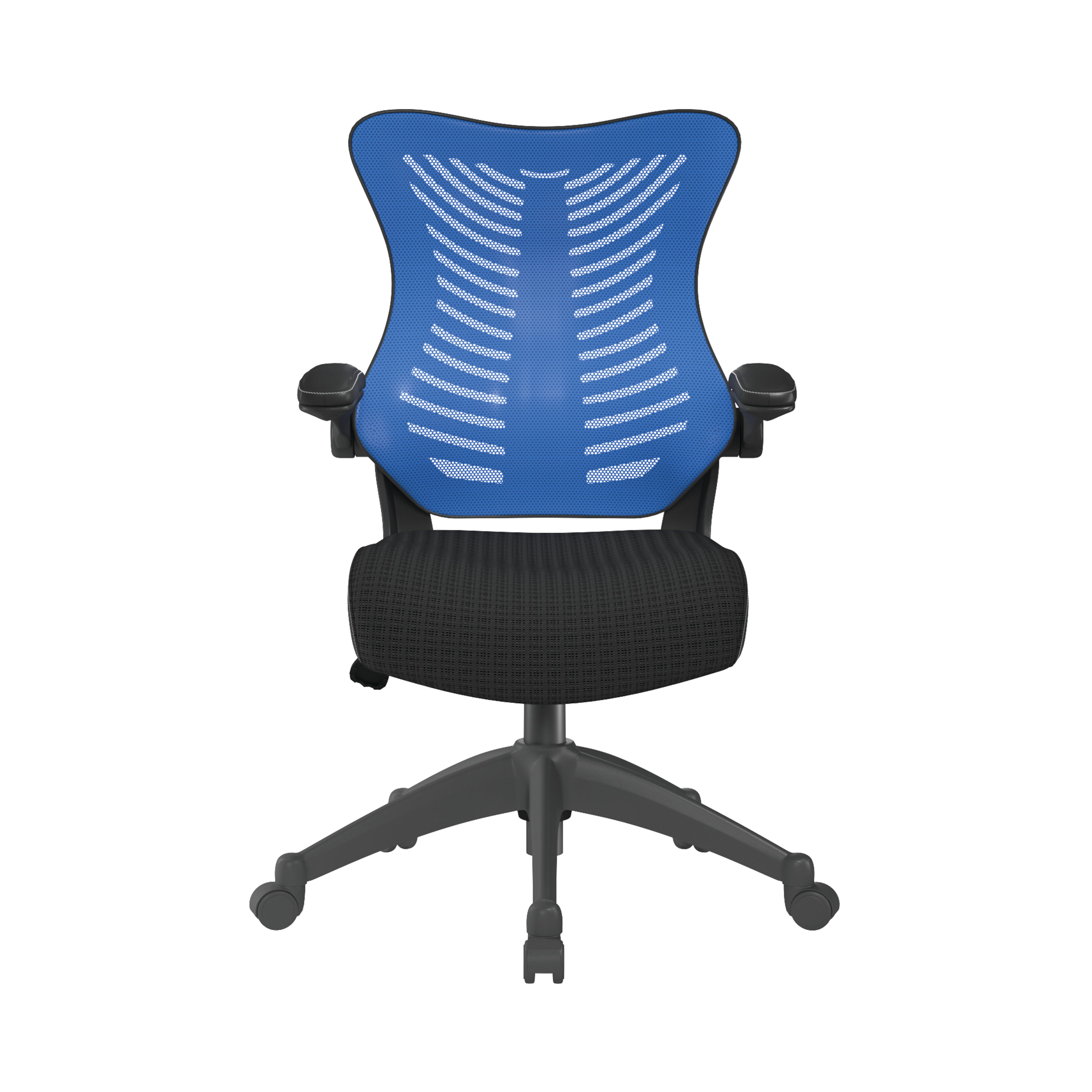 Black office chair with blue mesh back on a white background
